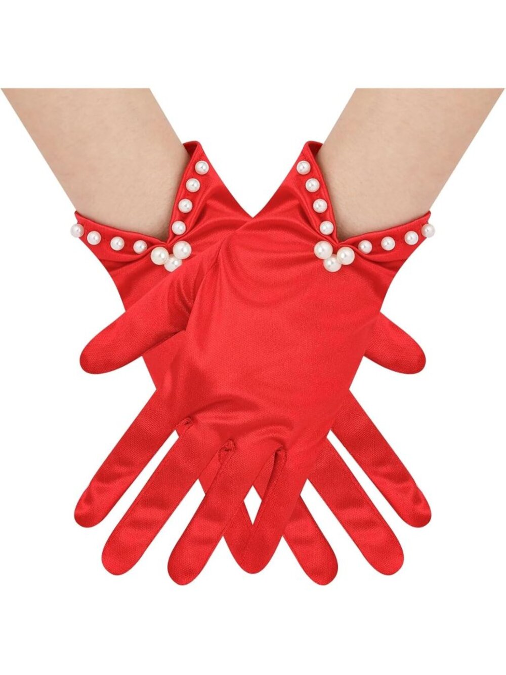Women's Red Short Satin Gloves with Pearl Tea Party Opera Banquet Gloves